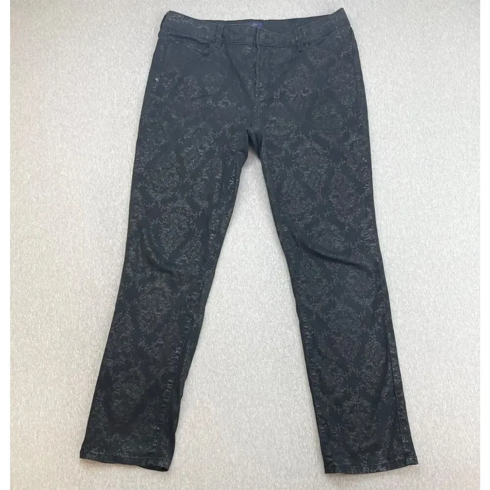 NYDJ Pants Womens 14 Black Floral‎ Cotton Blend Stretch Flat Front Skinny Fit
